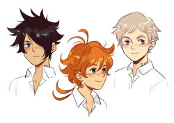 1girl 2boys ahoge andythelemon black_hair blue_eyes collarbone emma_(yakusoku_no_neverland) freckles frown green_eyes medium_hair multiple_boys norman_(yakusoku_no_neverland) one_eye_covered orange_hair pale_skin ray_(yakusoku_no_neverland) shirt short_hair smile tattoo white_background white_hair white_shirt yakusoku_no_neverland