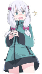 1girl aqua_eyes aqua_jacket blush bow cowboy_shot embarrassed eromanga_sensei hair_ornament holding holding_stylus ixy izumi_sagiri jacket long_hair multicolored_jacket open_mouth pink_bow silver_hair simple_background solo stylus surprised sweatdrop white_background