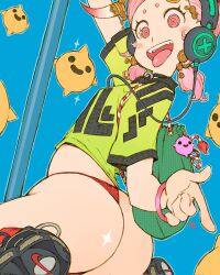 Rule 34 | andrewcockroach, ass, backpack, bag, blue background, crazy eyes, grey shirt, headset, highres, jewelry, looking at viewer, looking back, no pants, original, panties, pink eyes, pink hair, pole, pole dancing, shirt, shoes, short hair, short twintails, simple background, sneakers, solo, stripper pole, teeth, tongue, tongue out, twintails, underwear, upper teeth only