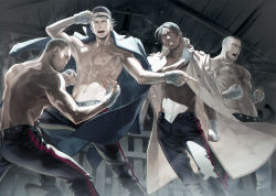 4boys abs bandages bare_pectorals black_eyes black_hair black_pants blue_jacket chest_hair dark-skinned_male dark_skin facial_hair facial_scar fighting_stance golden_kamuy hairy hat highres imperial_japanese_army jacket kepi koito_otonoshin large_pectorals long_sideburns male_focus military_hat multiple_boys muscular navel nipples open_clothes open_jacket pants pectorals scar scar_on_cheek scar_on_chest scar_on_face short_hair sideburns stubble sugimoto_saichi tanigaki_genjirou thick_eyebrows toned toned_male topless_male tsukishima_hajime w55674570w