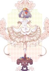 absurdres brown_shoes chapter_cover choker ciel_(kizetsu_yuusha) cover dress flower frilled_dress frills full_body hair_flower hair_ornament highres k_setsuda kizetsu_yuusha_to_ansatsu_hime lifting_own_clothes looking_at_viewer official_art puffy_short_sleeves puffy_sleeves purple_hair red_eyes shoes short_hair short_sleeves socks standing standing_on_object white_dress white_socks