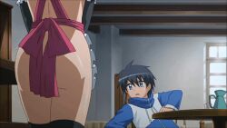 1boy 1girl :o animated animated_gif apron ass ass_focus back bare_back black_gloves black_socks blue_eyes blue_sweater blush chair excited gloves heart hiraga_saito indoors naked_apron non-web_source siesta_(zero_no_tsukaima) sitting socks standing sweatdrop sweater table zero_no_tsukaima
