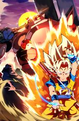 1boy absurdres armor artist_logo artist_name aura blonde_hair bo_staff closed_mouth cloud collarbone commentary cowboy_shot dougi dragon_ball dragon_ball_(object) dragon_ball_daima energy forehead frown funnismonkis green_eyes hammer hand_up highres holding holding_hammer light_frown logo looking_at_viewer medium_hair outdoors red_eyes robot ruyi_jingu_bang serious shadow short_sleeves son_goku sparkle spiked_armor sun super_saiyan super_saiyan_2 tamagami_number_3 v-shaped_eyebrows weapon weapon_on_back