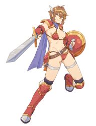 absurdres armor armored_boots bandaid bandaid_on_face bandaid_on_leg bandaid_on_nose belt bikini bikini_armor black_socks blue_scarf blush boots breasts brown_belt brown_eyes brown_hair circlet closed_mouth commentary cosplay dragon_quest dragon_quest_iii fingerless_gloves fukana_miyu_(kokuya28) full_body gloves groin hair_ornament highres holding holding_shield holding_sword holding_weapon kneehighs kokuya_(kokuya28) looking_at_viewer medium_breasts navel original pauldrons red_armor red_bikini red_gloves scarf shield short_hair shoulder_armor simple_background smile socks swimsuit sword symbol-only_commentary thigh_strap warrior_(dq3) warrior_(dq3)_(cosplay) weapon white_background x_hair_ornament