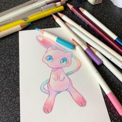 Rule 34 | art tools in frame, blue eyes, bright pupils, colored pencil, colored pencil (medium), eraser, full body, gen 1 pokemon, highres, legendary pokemon, mew (pokemon), mythical pokemon, nintendo, no humans, non (kumakawayusu), pen, pencil, photo (medium), pokemon, pokemon (creature), solo, traditional media, white pupils