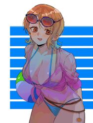 1girl alternate_costume arm_behind_back bakakokithakan ball beachball bikini blue_bikini blush breasts cleavage collarbone commentary cowboy_shot curvy eyewear_on_head food fruit halterneck highres holding holding_ball holding_beachball large_breasts looking_at_viewer mandarin_orange midriff nami_(one_piece) one_piece orange-shaped_ornament orange_eyes orange_hair pink_shirt see-through_clothes see-through_shirt shirt short_hair single_sidelock sleeves_rolled_up solo stomach sunglasses swimsuit symbol-only_commentary thong thong_bikini tied_shirt tongue tongue_out wide_hips