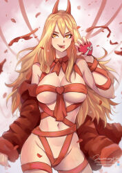 1girl blonde_hair breasts chainsaw_man cleavage cross-shaped_pupils heart highres horns jacket jammeryx large_breasts long_hair nail_polish naked_ribbon navel open_mouth petals power_(chainsaw_man) red_horns red_jacket red_ribbon ribbon sharp_teeth smile solo symbol-shaped_pupils teeth tongue tongue_out valentine yellow_eyes