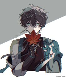 1boy absurdres aqua_eyes black_hair covered_mouth dan_heng_(honkai:_star_rail) fingerless_gloves gloves highres holding holding_leaf honkai:_star_rail honkai_(series) leaf looking_at_viewer male_focus short_hair solo twitter_username upper_body yuma_(mron_322)