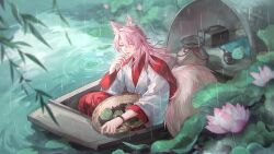 1boy animal_ear_fluff animal_ears basket bead_bracelet beads blurry blurry_foreground bracelet branch cape chinese_clothes cushion flower fox_boy fox_ears fox_tail hair_between_eyes hair_bun hair_ornament hair_ribbon hair_stick hand_up hanfu hashtag-only_commentary holding holding_basket honkai:_star_rail honkai_(series) jacket jewelry jiaoqiu_(honkai:_star_rail) kangetsu_(fhalei) lily_pad long_hair looking_at_viewer lotus lotus_leaf lotus_pod male_focus outdoors parted_bangs pink_flower pink_hair rain red_cape red_hanfu red_ribbon ribbon ripples sidelocks single_hair_bun sitting smile solo tail tassel tongue tongue_out water white_jacket yellow_eyes