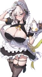 1girl absurdres ahoge apron black_dress black_shoes blush breasts bright_pupils character_request cleavage copyright_request dress fate/grand_order fate_(series) gloves green_hair grey_eyes grey_hair hair_between_eyes highres holding holding_tray huyan_zhuo_(fate) huyan_zhuo_(fgo_fes._2025)_(fate) large_breasts magatama maid_headdress multicolored_hair ponytail ribbon shiroshisu shoes solo streaked_hair teapot thighhighs tray white_apron white_background white_gloves white_pupils yellow_ribbon