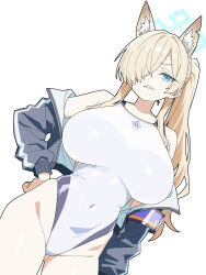 1girl animal_ear_fluff animal_ears blonde_hair blue_archive blue_eyes blue_halo blue_jacket breasts clenched_teeth competition_swimsuit covered_navel dog_ears dog_girl dutch_angle extra_ears hair_over_one_eye halo highleg highleg_one-piece_swimsuit highres jacket jacket_partially_removed kanna_(blue_archive) kanna_(swimsuit)_(blue_archive) large_breasts long_hair looking_at_viewer matuo3232 notched_ear official_alternate_costume one-piece_swimsuit ponytail sharp_teeth simple_background solo swimsuit teeth white_background white_one-piece_swimsuit