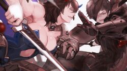 Rule 34 | 1boy, 1girl, battle, blue leotard, breasts, brown eyes, brown hair, character request, cleavage, collar, commentary request, cutout above navel, e&#039;spada, hair between eyes, highres, holding, holding sword, holding weapon, horns, large breasts, leotard, looking at another, looking to the side, mechanical arms, medium hair, muscular, muscular female, one eye covered, parted lips, purple eyes, short hair, single mechanical arm, soleil (soleilmtfbwy03), sword, teeth, upper body, virtual youtuber, weapon, xuelan (vtuber)