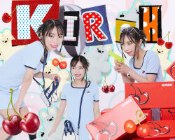 Rule 34 | 1girl, black hair, blue dress, box, brown eyes, cherry, dress, english text, flat chest, food, fruit, japanese (nationality), kobayashi aika, lipstick, looking at viewer, makeup, multiple views, photo (medium), real life, short hair, smile, standing, voice actor