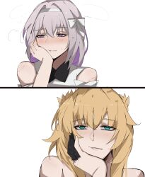 2girls absurdres aglaea_(honkai:_star_rail) aqua_eyes arnkun bare_shoulders bite_mark black_bow black_bowtie blonde_hair bow bowtie castorice_(honkai:_star_rail) closed_mouth colored_inner_hair dress hair_between_eyes hair_bow hairband hand_on_own_face hand_up highres honkai:_star_rail honkai_(series) implied_after_sex looking_afar looking_at_viewer multicolored_hair multiple_girls pink_hair purple_eyes purple_hair short_hair sidelocks simple_background sleeveless sleeveless_dress smile upper_body white_background white_bow white_dress white_hairband yuri