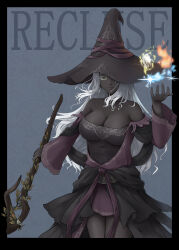 1girl absurdres bare_shoulders black_dress black_hat black_skin breasts character_name cleavage colored_eyelashes colored_skin commentary_request dark-skinned_female dark_skin dress elden_ring elden_ring_nightreign fire gresy hat hat_over_one_eye highres holding holding_staff large_breasts large_hat long_hair purple_sleeves pyrokinesis recluse_(elden_ring) simple_background solo staff white_eyelashes white_hair witch witch_hat wooden_staff