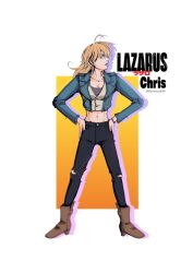 1girl ahoge ankle_boots artist_request blonde_hair blue_eyes boots breasts brown_boots character_name christine_(lazarus) cleavage collarbone earrings female_focus full_body groin hands_on_own_hips highres jacket large_breasts lazarus lips long_hair long_sleeves looking_at_viewer looking_to_the_side midriff navel neck open_clothes open_jacket open_mouth pants serious shirt_under_shirt sidelocks standing stomach thick_lips torn_clothes torn_pants triangle_earrings turning_head
