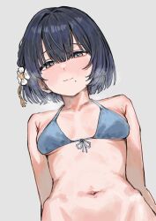 Rule 34 | 1girl, armpit crease, bikini, blue bikini, blue hair, blunt bangs, blush, breasts, breasts apart, breath, collarbone, commentary request, dutch angle, flower, front-tie bikini top, front-tie top, gakuen idolmaster, hair flower, hair ornament, halterneck, hataya misuzu, highres, idolmaster, kaipon (jcwh7854), light smile, looking at viewer, mole, mole under mouth, navel, out-of-frame censoring, short hair, simple background, small breasts, solo, stomach, string bikini, swimsuit, upper body
