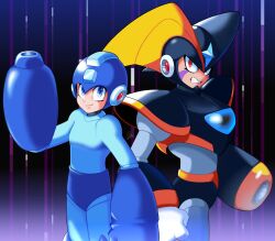 2boys absurdres arm_cannon armor bass_(mega_man) black_armor blue_bodysuit blue_eyes blue_helmet bodysuit chest_jewel clenched_teeth cowboy_shot facial_mark forehead_jewel helmet highres lessgalaxy male_focus mega_man_&amp;_bass mega_man_(character) mega_man_(classic) mega_man_(series) multiple_boys red_eyes teeth weapon