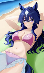 1girl animal_ears arms_behind_head bakumondo10 beach bikini blue_hair blue_sky breasts commentary_request day hair_between_eyes horizon horse_ears horse_girl horse_tail large_breasts long_hair looking_at_viewer mole mole_under_eye ocean outdoors pink_bikini purple_eyes sarong see-through_clothes see-through_sarong sky smile solo swimsuit tail umamusume verxina_(umamusume) white_hair