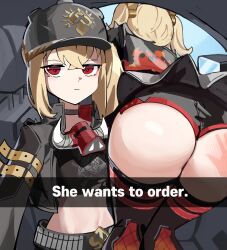 2girls absurdres ass belt blonde_hair burnice_white car car_interior combat_helmet commentary crossed_bangs hair_ornament he_wants_to_order_(meme) helmet highres jacket long_hair looking_at_viewer luciana_de_montefio meme midriff motor_vehicle motorcycle_helmet multiple_girls navel pickelhaube ponytail ppangchil red_eyes shorts shorts_under_skirt skirt slap_mark thighhighs twintails zenless_zone_zero
