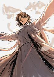 1boy absurdres bird black_eyes brown_hair cassock dove fate/stay_night fate_(series) fukou highres kotomine_kirei looking_at_viewer male_focus outstretched_arms priest robe short_hair smile solo spread_arms stole white_robe