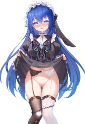 1girl absurdres asymmetrical_legwear black_dress black_thighhighs blue_eyes blue_hair blush breasts chinese_commentary cleft_of_venus clothes_lift commentary_request dress dress_lift feet_out_of_frame garter_belt gluteal_fold heart heart-shaped_pupils highres juliet_sleeves large_breasts lifting_own_clothes long_hair long_sleeves looking_at_viewer maid maid_headdress mismatched_legwear mismatched_thighhighs navel nose_blush open_mouth original panties panty_pull puffy_sleeves pussy pussy_juice pussy_juice_stain qian_hen simple_background smile solo stained_panties symbol-shaped_pupils thighhighs torn_clothes torn_dress uncensored underwear variant_set very_long_hair white_background white_panties white_thighhighs
