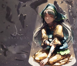 1girl apron arm_ribbon blue_apron blue_hair blue_headwear blue_ribbon blue_scarf closed_mouth dress english_text green_apron green_headscarf green_headwear green_scarf grey_background grey_hair hand_on_arm hand_up haniyasushin_keiki headscarf jewelry light long_hair looking_to_the_side magatama magatama_necklace necklace orange_eyes pocket puffy_short_sleeves puffy_sleeves ribbon scarf seiza shadow short_sleeves sitting solo teeth touhou xero yellow_dress