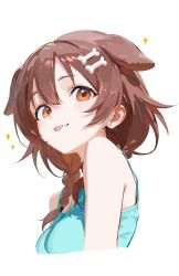 1girl :p alternate_costume animal_ears bare_shoulders blue_tank_top bone_hair_ornament braid breasts brown_eyes brown_hair cropped_torso dog_ears dog_girl double-parted_bangs hair_between_eyes hair_ornament hectorrambito highres hololive inugami_korone looking_at_viewer low_twin_braids medium_breasts medium_hair simple_background solo tank_top tongue tongue_out twin_braids white_background