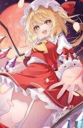 1girl absurdres artist_name ascot blonde_hair bow breasts collared_shirt commentary_request crystal crystal_wings falling_petals flandre_scarlet frilled_shirt_collar frilled_skirt frills full_moon haruki_(colorful_macaron) hat hat_ribbon highres long_hair looking_at_viewer mob_cap moon multicolored_wings one_side_up open_mouth petals puffy_short_sleeves puffy_sleeves red_bow red_eyes red_moon red_skirt red_vest ribbon shirt short_sleeves skirt skirt_set sleeve_bow small_breasts smile solo touhou vest white_hat white_shirt wings wrist_cuffs yellow_ascot