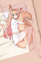 1girl absurdres animal_ears barefoot blonde_hair blue_eyes fetal_position fox_ears fox_girl fox_tail full_body futon head_on_pillow highres hugging_own_tail hugging_tail light_smile long_hair looking_at_viewer lying naked_shirt on_side original pillow shirt short_sleeves tail white_shirt ze_zhi_ai