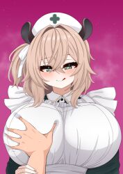 1girl 1other absurdres animal_ears apron blush breasts brown_hair closed_mouth collared_shirt commentary dress fingernails grabbing_another&#039;s_breast green_dress green_eyes groping guided_breast_grab guiding_hand hair_between_eyes hair_intakes hair_ribbon hat heart heart_in_eye highres huge_breasts indie_virtual_youtuber long_sleeves looking_at_viewer medium_hair nail_polish nimi_nightmare nurse nurse_cap one_side_up pink_background pink_nails ribbon shirt smile solo_focus symbol_in_eye tapir_ears tapir_girl the_only_shoe tongue tongue_out virtual_youtuber white_apron white_ribbon
