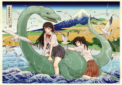 2girls bird border bra brown_eyes brown_hair day dinosaur riding_dinosaur fine_art_parody lingerie long_hair looking_at_viewer looking_back miniskirt mount_fuji mountain multiple_girls nadeshiko_rin nature nihonga original outdoors parody photoshop_(medium) pleated_skirt plesiosaur ponytail riding seagull see-through_clothes short_sleeves skirt tokaido_ejiri_tago-no-uraryakuzu translated ukiyo-e underwear water wet wet_clothes