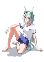 Rule 34 | 1girl, absurdres, animal ears, arm on knee, bandaged foot, bandages, barefoot, blue shorts, bow, braid, closed mouth, commentary, crown braid, ear ribbon, folded ponytail, frown, fujimasa march, full body, green hair, gym shirt, gym shorts, highres, horse ears, horse girl, horse tail, kakuteru sudachi, kasamatsu tracen training uniform, long hair, looking at viewer, shirt, short sleeves, shorts, simple background, sitting, solo, straight hair, t-shirt, tail, umamusume, umamusume: cinderella gray, v-neck, white background, white shirt, yellow eyes