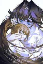 absurdres blonde_hair blue_eyes brown_hair chain chain_headband feather_hair_ornament feathers floating_hair hair_intakes hair_ornament highres hololive hololive_english hug long_hair multicolored_hair nanashi_mumei ouro_kronii ponytail pungson_mori streaked_hair yellow_eyes