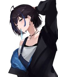 1girl ahoge black_hair black_jacket blue_hair blue_jacket blue_overalls blue_ribbon cloud_etoile earrings grey_eyes hair_ribbon hashtag-only_commentary highres indie_virtual_youtuber jacket jewelry long_sleeves looking_at_viewer mole mole_under_eye multicolored_hair multicolored_jacket necklace off-shoulder_shirt off_shoulder overalls quilted_jacket ribbon shirt short_hair simple_background solo standing streaked_hair suspenders two-sided_fabric two-sided_jacket two-tone_hair two-tone_jacket virtual_youtuber white_background white_shirt yubari_rei
