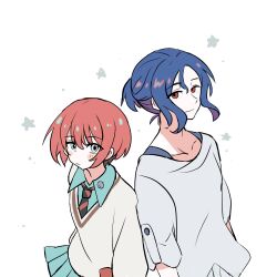 1boy 1girl amate_yuzuriha aqua_eyes blue_hair blush collared_shirt colored_inner_hair gundam gundam_gquuuuuux highres lemoontya long_sleeves looking_at_viewer multicolored_hair necktie ponytail purple_hair red_eyes red_hair school_uniform shirt short_hair shuji_ito simple_background skirt smile sweater two-tone_hair upper_body white_background white_shirt
