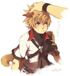 2boys animal_ears arm_armor bad_id bad_pixiv_id black_shirt blonde_hair blue_eyes cropped_torso dated dog_boy dog_ears dog_tail headpat jacket kemonomimi_mode kingdom_hearts kingdom_hearts_birth_by_sleep male_focus multicolored_jacket multiple_boys pov pov_hands shirt short_hair shoulder_strap solo_focus spiked_hair tail terra_(kingdom_hearts) tight_clothes tight_shirt tore_(ksg666xxx) translation_request ventus_(kingdom_hearts) wristband