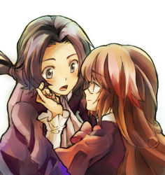 Rule 34 | 1boy, 1girl, androgynous, bad id, bad pixiv id, black hair, blonde hair, ascot, crossdressing, glasses, goidou yui, kami nomi zo shiru sekai, katsuragi keima, long hair, ponytail, reverse trap, school uniform, seductive smile, smile, trap, yachi kou