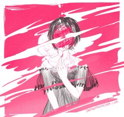 2girls absurdres angel angel_wings bare_shoulders black_dress black_hair border chinese_commentary closed_eyes commentary_request covered_face dated dress facing_viewer falling_feathers feathers halo hand_on_another&#039;s_arm hand_up highres hug hug_from_behind imawa-san_(iyowa) imawanokiwa_(vocaloid) implied_death iyowa_girls jiyuuu_(liye8049) mother_and_daughter multiple_girls off-shoulder_dress off_shoulder parted_bangs pill pink_background see-through_body short_hair smile song_name straight-on upper_body white_border wings