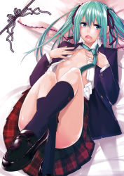1girl aqua_eyes aqua_hair ask02 blazer blue_eyes c79 comiket_79 dress_shirt female_focus hair_ribbon hatsune_miku jacket loafers lying mary_janes necktie no_bra on_back on_bed open_clothes open_mouth plaid_clothes plaid_skirt ribbon school_uniform shirt shoes skirt socks solo tears thighs twintails unbuttoned vocaloid