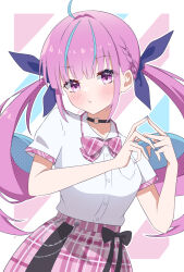 1girl :t ahoge black_bow black_choker blue_background blue_hair blue_nails blue_ribbon blush border bow bowtie cat_choker choker collared_shirt colored_inner_hair colorful_background drill_hair hair_ribbon hands_up highres hololive long_hair looking_at_viewer minato_aqua minato_aqua_(school_uniform) multicolored_hair o-ring o-ring_choker pink_background pink_bow pink_bowtie pink_skirt pink_trim plaid_bow plaid_bowtie plaid_clothes plaid_skirt pout purple_eyes purple_hair ribbon rumurumu school_uniform shirt short_sleeves skirt solo streaked_hair striped_background twin_drills twintails upper_body virtual_youtuber white_background white_border white_shirt