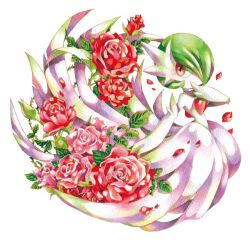 Rule 34 | bob cut, dress, elbow gloves, flower, gardevoir, gen 3 pokemon, gloves, green hair, izumi asuka, looking at viewer, mega gardevoir, mega pokemon, nintendo, petals, pokemon, pokemon (creature), red flower, red petals, red rose, rose, strapless, strapless dress, white dress, white gloves