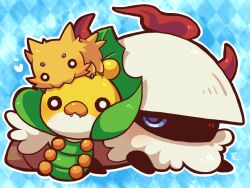 animal_focus argyle_background black_eyes blue_background blue_eyes bright_pupils fangs full_body gen_5_pokemon heart joltik kotorai larvesta nintendo no_humans outline pokemon pokemon_(creature) sewaddle signature white_outline white_pupils
