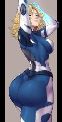 Rule 34 | 1girl, absurdres, ass, ass focus, blonde hair, blue eyes, bodysuit, breasts, from behind, gloves, highres, huge ass, large breasts, limn044, long hair, looking at viewer, looking back, marvel, marvel rivals, sideboob, skin tight, smile, solo, sue storm