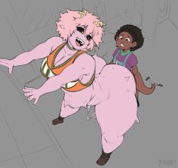 1boy 1girl against_wall ashido_mina bathroom boku_no_hero_academia braid braided_bun breasts breeding bulge cheerleader colored_skin cum cum_in_pussy dark-skinned_male dark_skin desmond_baker dreadlocks hair_bun hetero horns huge_penis large_breasts lips penis pink_hair pink_skin satisfied_look scar scar_across_eye scar_on_face sex shota size_difference stomach_bulge superhero_costume taiger tail teenage_girl_and_younger_boy vaginal