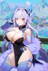 1girl absurdres alternate_costume armpit_crease bare_hips bare_shoulders breasts chromatic_aberration cleavage cocktail_dress colored_skin detached_collar dress evening_gown fur_shawl genshin_impact groin highres medium_breasts pelvic_curtain shawl shendi_2021 skindentation skirk_(genshin_impact) solo tagme thick_thighs thighhighs thighs