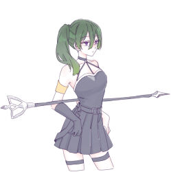 1girl absurdres bare_shoulders black_dress black_gloves breasts closed_mouth dress gloves green_hair hair_between_eyes highres holding holding_behind_back holding_polearm holding_polearm_behind_back holding_weapon holding_weapon_behind_back long_hair medium_breasts pleated_dress polearm purple_eyes seila_rei side_ponytail simple_background single_glove solo sousou_no_frieren thigh_strap ubel_(sousou_no_frieren) weapon white_background