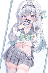Rule 34 | 1girl, blush, cellphone, clothes lift, commentary request, covering own mouth, firefly (honkai: star rail), firefly (spring missive) (honkai: star rail), gradient eyes, green pupils, grey hair, grey hairband, grey ribbon, grey sailor collar, grey skirt, hair between eyes, hair intakes, hair ornament, hair ribbon, hairband, highres, holding, holding phone, honkai: star rail, honkai (series), long hair, long sleeves, multicolored eyes, navel, no panties, pekokota, phone, plaid clothes, plaid skirt, pleated skirt, ribbon, sailor collar, shirt, shirt lift, skindentation, skirt, smartphone, solo, stomach, sweatdrop, thighhighs, white background, white shirt, white thighhighs