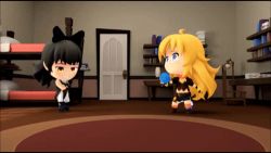 &gt;_&lt; 3d 3girls :d &gt;_&lt; animated black_hair blake_belladonna blonde_hair cape chibi lowres multiple_girls open_mouth playing ruby_rose rwby rwby_chibi smile xd yang_xiao_long yarn yarn_ball