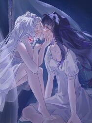 2girls barefoot blush chinese_commentary closed_eyes commentary_request dress earrings elf fern_(sousou_no_frieren) frieren highres imminent_kiss jewelry long_hair multiple_girls pointy_ears purple_eyes purple_hair short_sleeves sitting sleeveless sleeveless_dress sousou_no_frieren thick_eyebrows twintails vickyaaa white_dress white_hair yuri